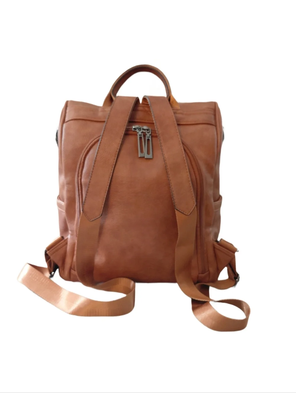 Brown Vegan Leather Backpack with Removable Pouch and Colorful Strap